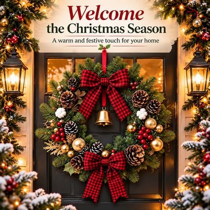 ✨Hot Sale 40% OFF🏵️Christmas Buffalo Plaid Pinecone Wreath with Bell