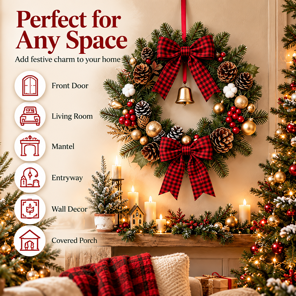 ✨Hot Sale 40% OFF🏵️Christmas Buffalo Plaid Pinecone Wreath with Bell