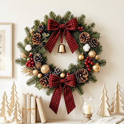 ✨Hot Sale 40% OFF🏵️Christmas Buffalo Plaid Pinecone Wreath with Bell